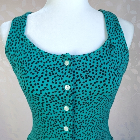 Vintage 90s South Beach Teal Black Polka Dot Cutout Back Button Front Mini Dress - Picture 3 of 15